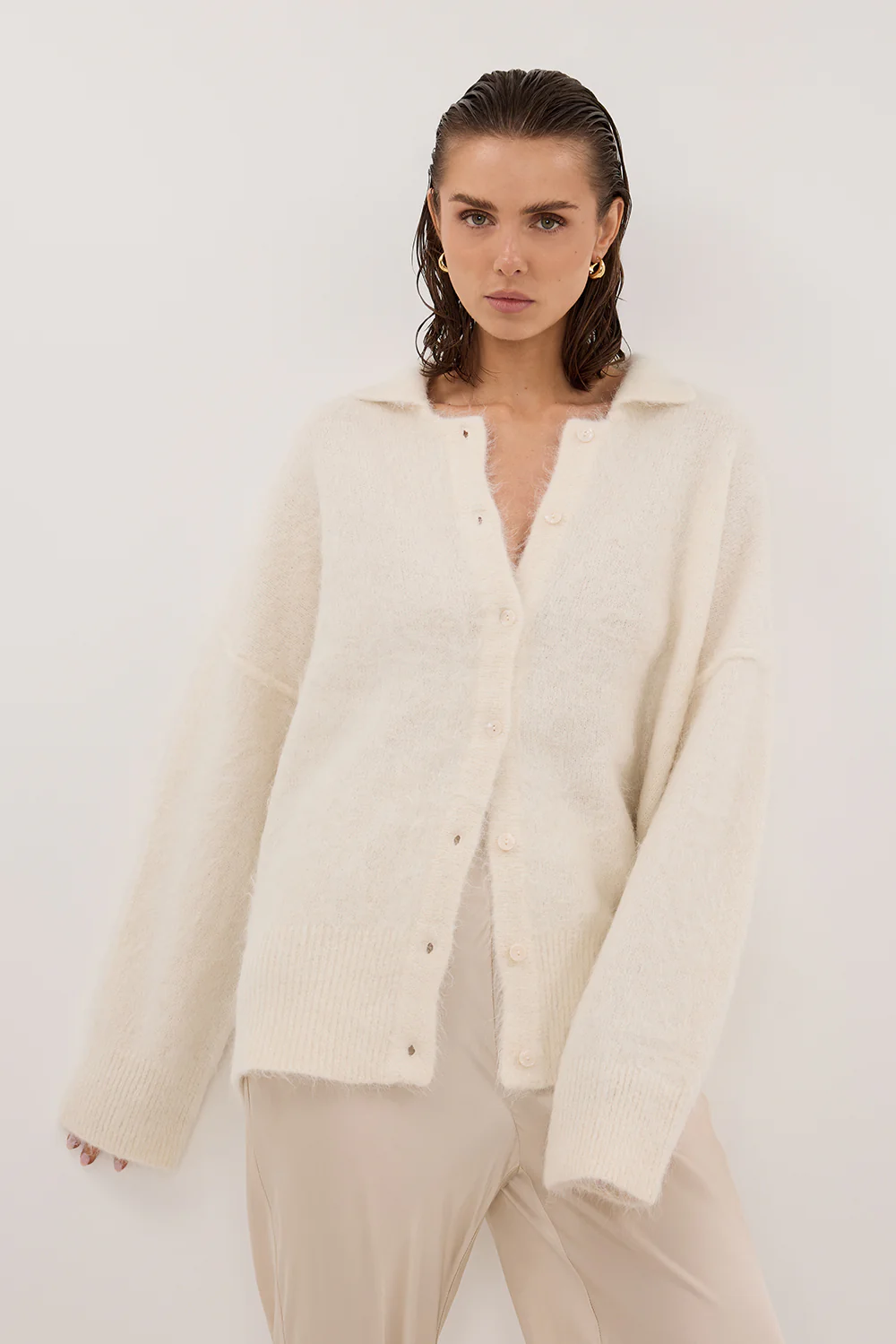 SALMA IVORY POLO NECK KNIT CARDIGAN - Yukikoi