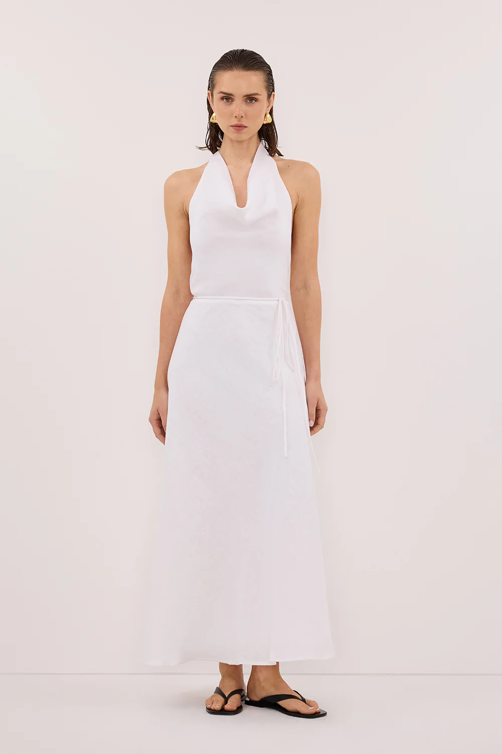 HAYLEE WHITE SLEEVELESS LINEN COWL DRESS - Yukikoi