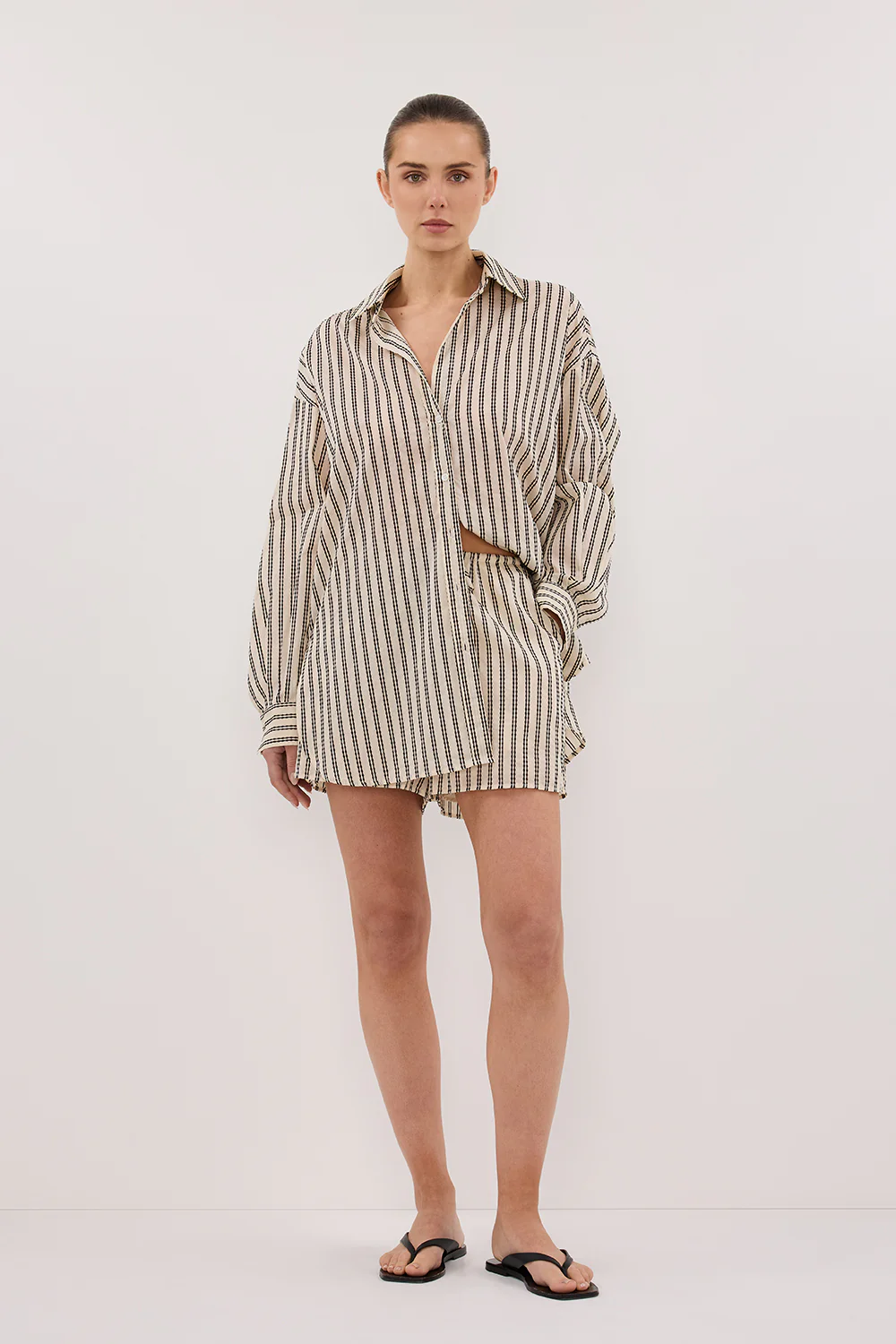 ELLIE CREAM OVERSIZED LONG SLEEVE STRIPE SHIRT - Yukikoi