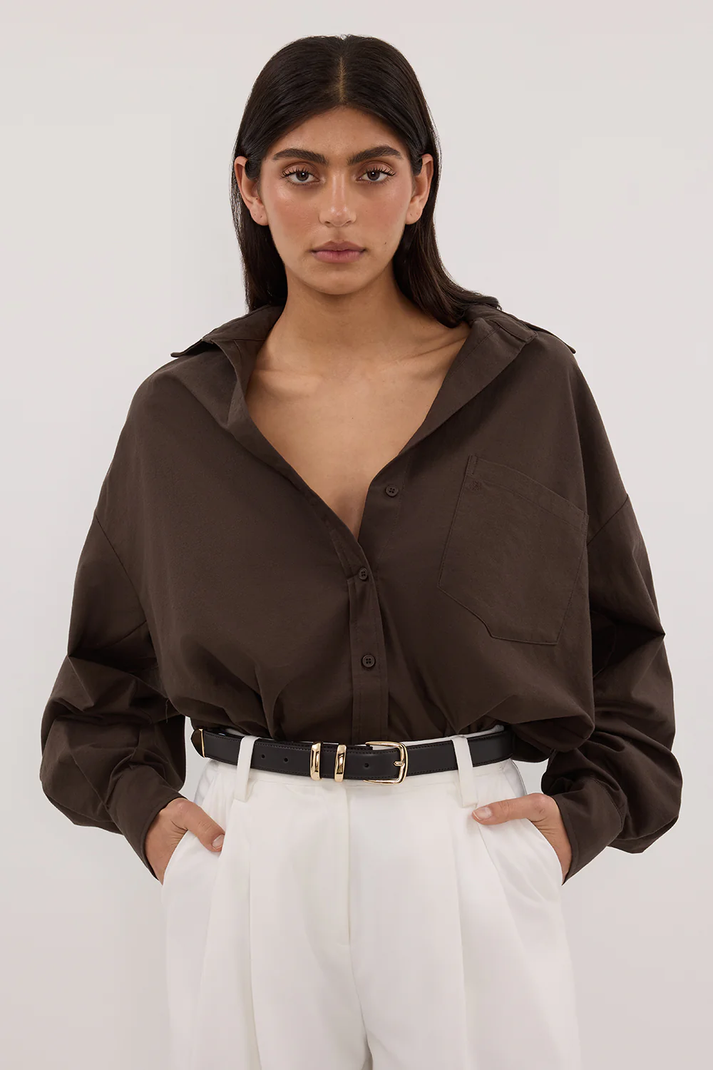RHEA BITTER CHOC OVERSIZED COTTON SHIRT - Yukikoi