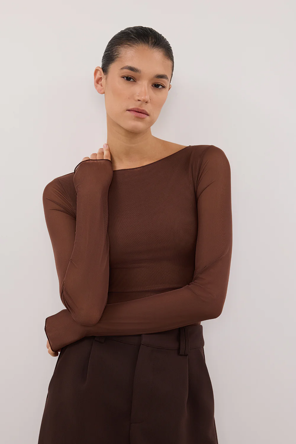 NYRA CHOC LONG SLEEVE MESH TOP - Yukikoi