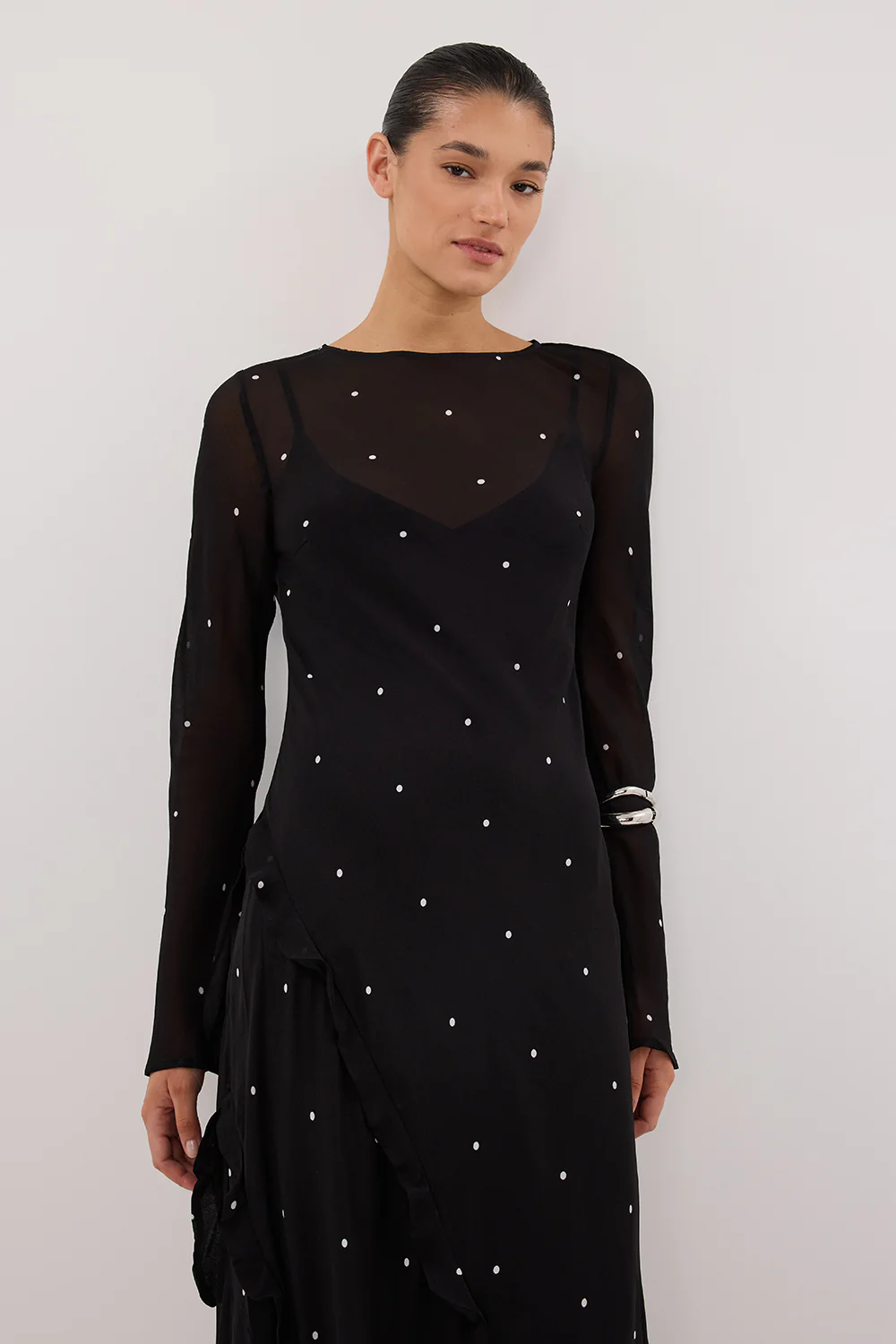 MELROSE BLACK SPOT LONG SLEEVE MAXI DRESS - Yukikoi
