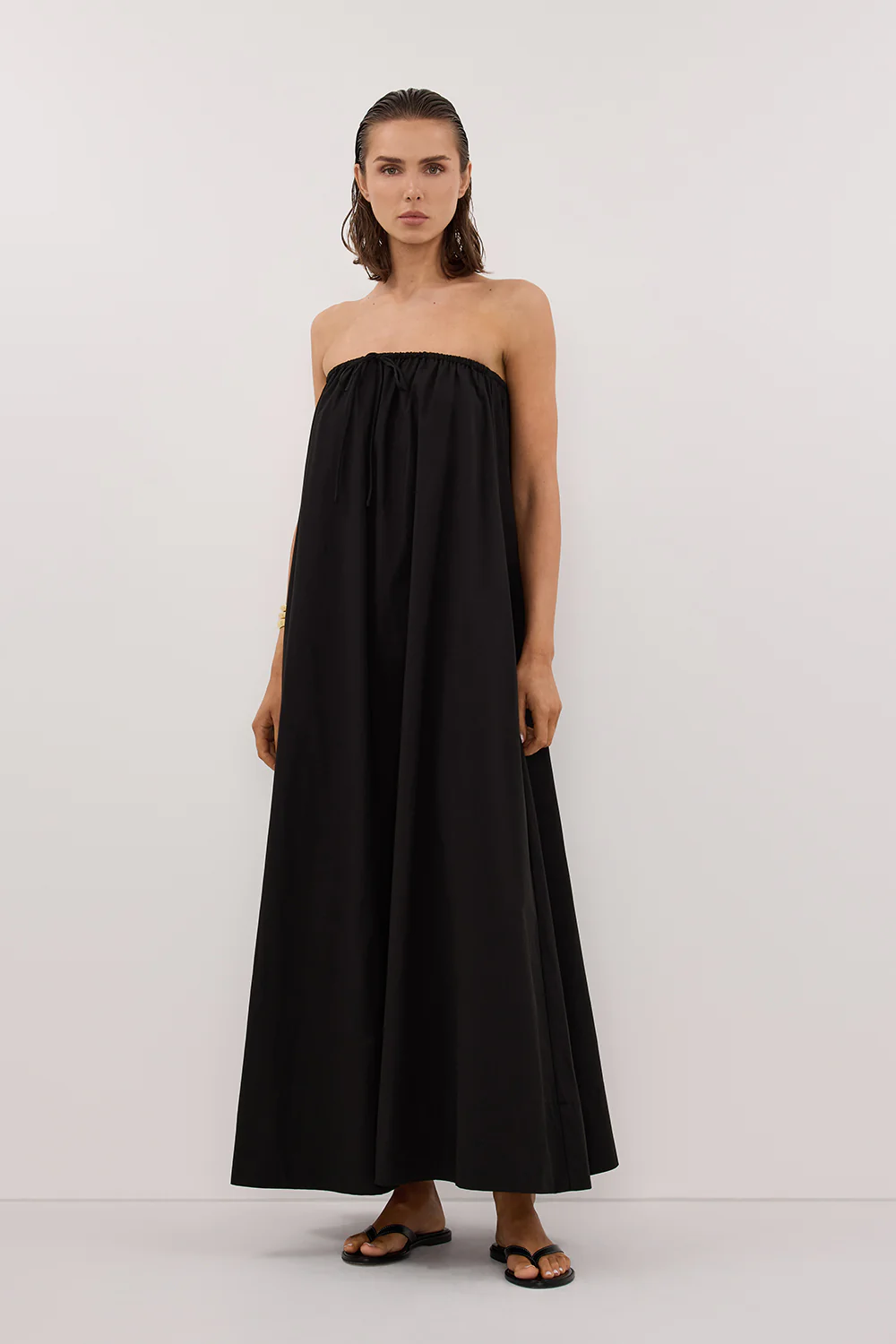 SOMMER BLACK STRAPLESS POPLIN MIDI DRESS - Yukikoi