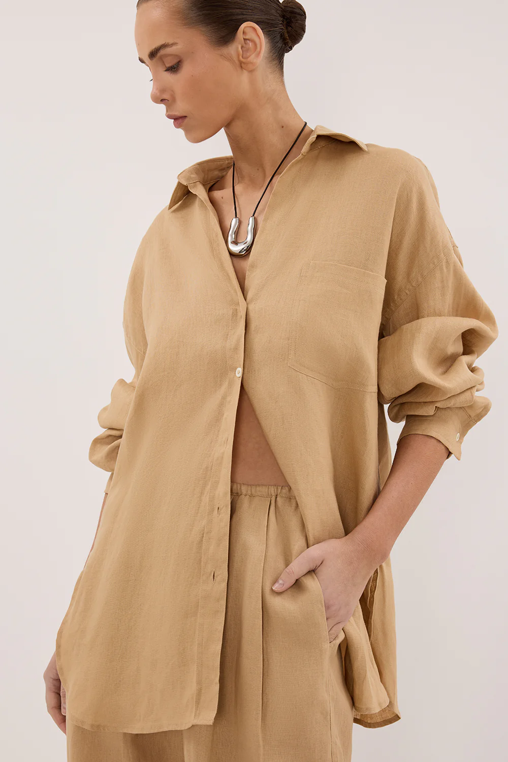 LUNE TAN OVERSIZED LINEN SHIRT - Yukikoi