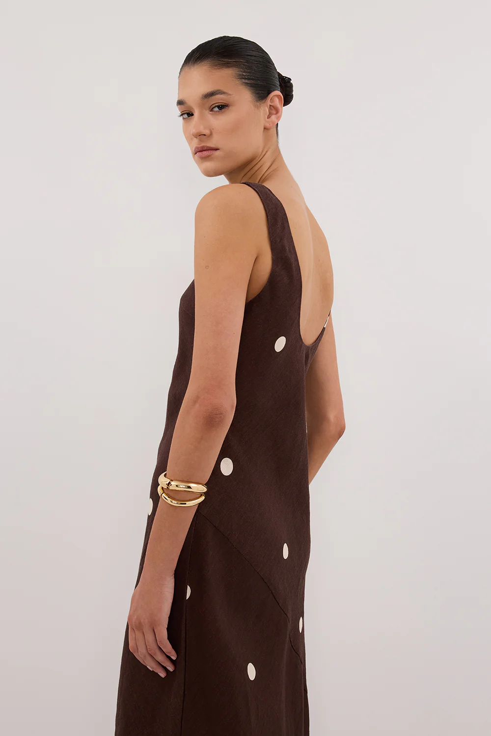 BEVERLY BITTER CHOC SPOT LINEN MIDI DRESS - Yukikoi