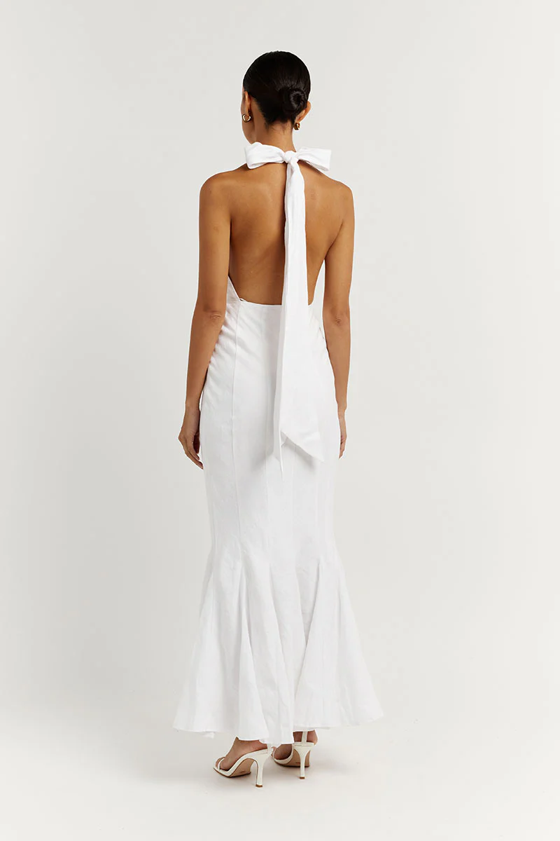 AISLE WHITE LINEN HIGH NECK DRESS - Yukikoi