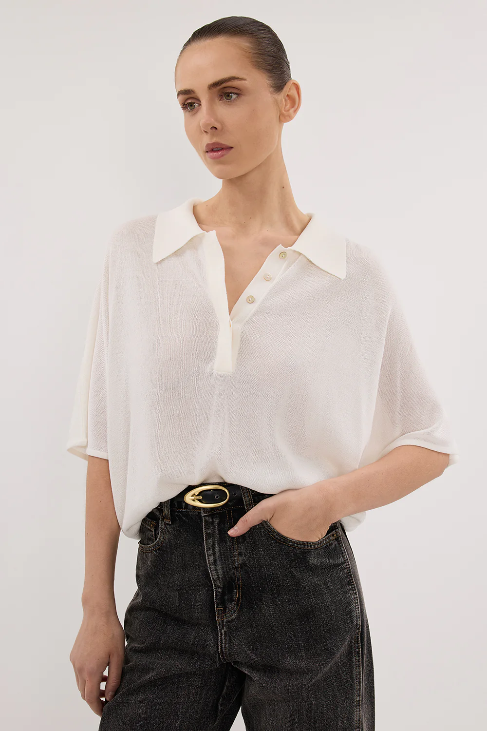 ELI CREAM POLO KNIT TOP - Yukikoi