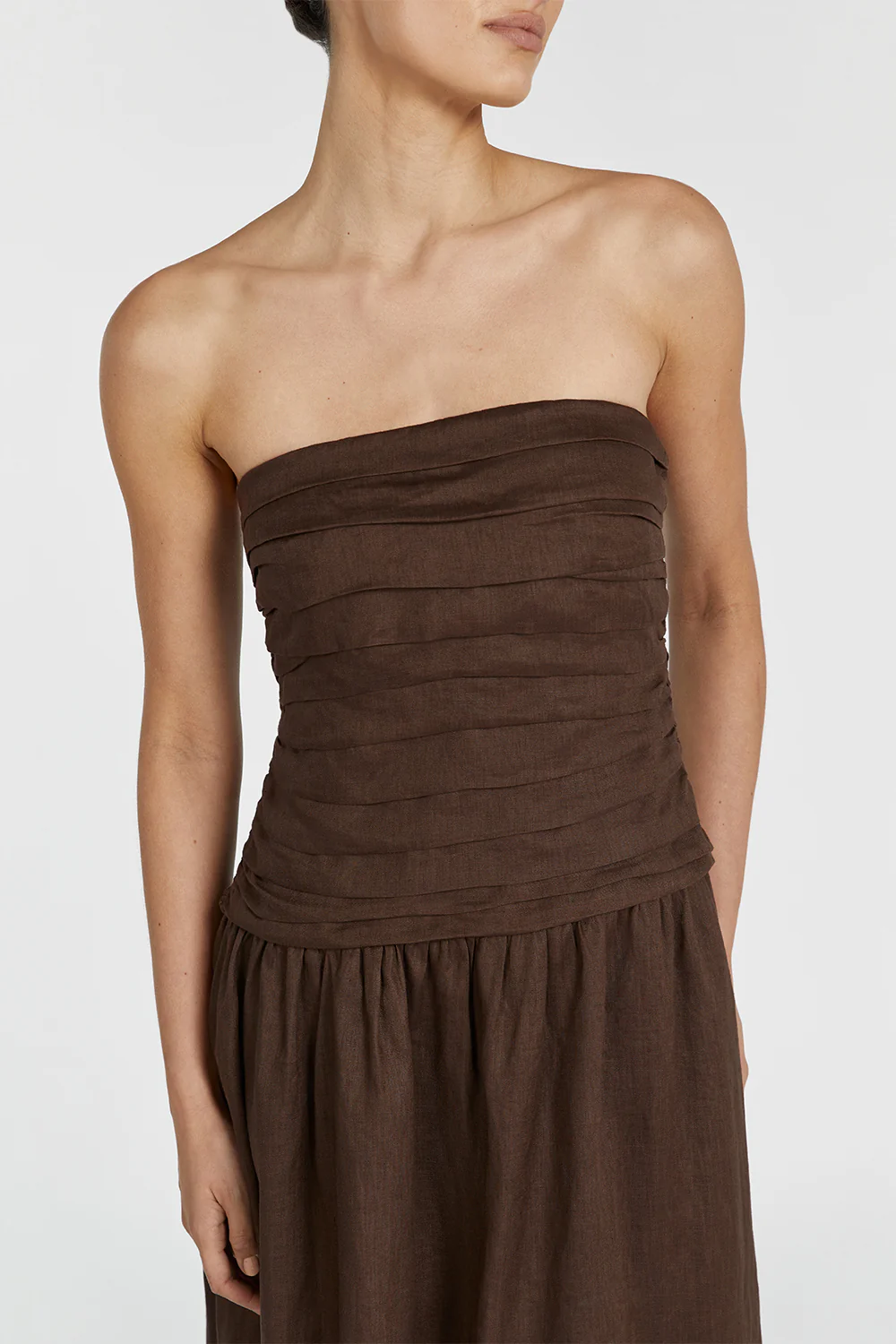 CATANIA BITTER CHOC LINEN STRAPLESS MIDI DRESS - Yukikoi