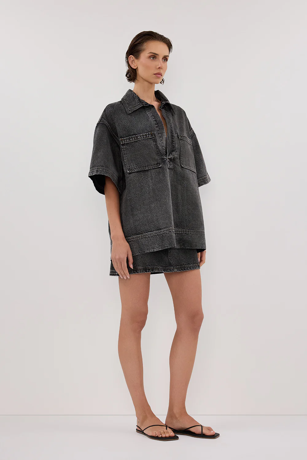 MASON WASHED BLACK BOXY DENIM SHIRT - Yukikoi