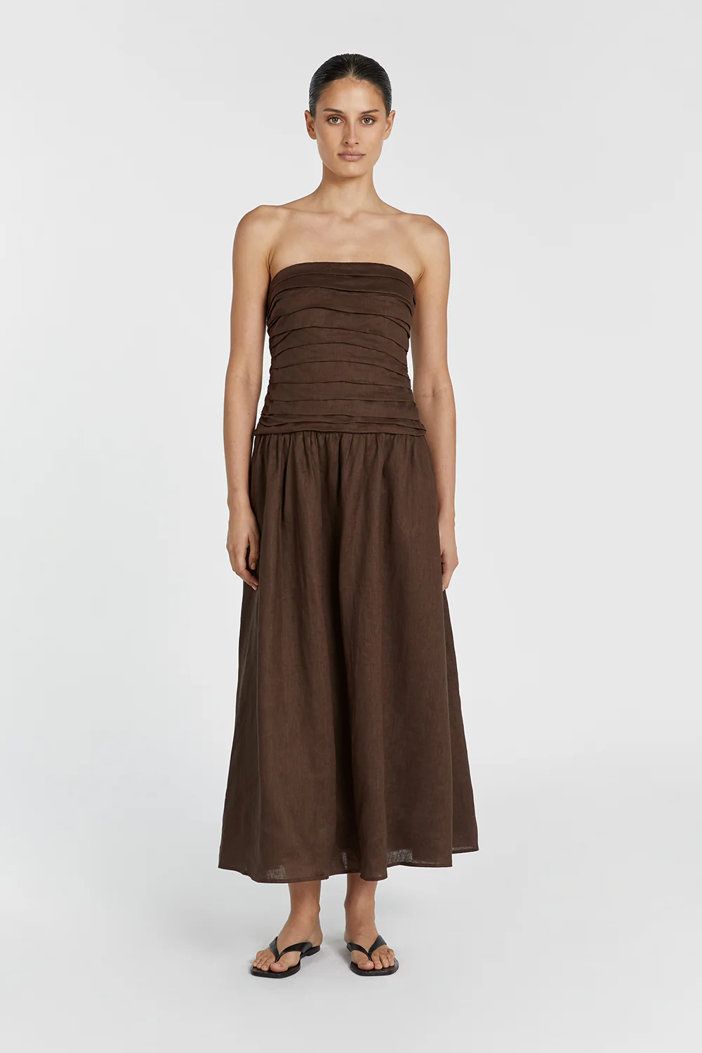 CATANIA BITTER CHOC LINEN STRAPLESS MIDI DRESS - Yukikoi