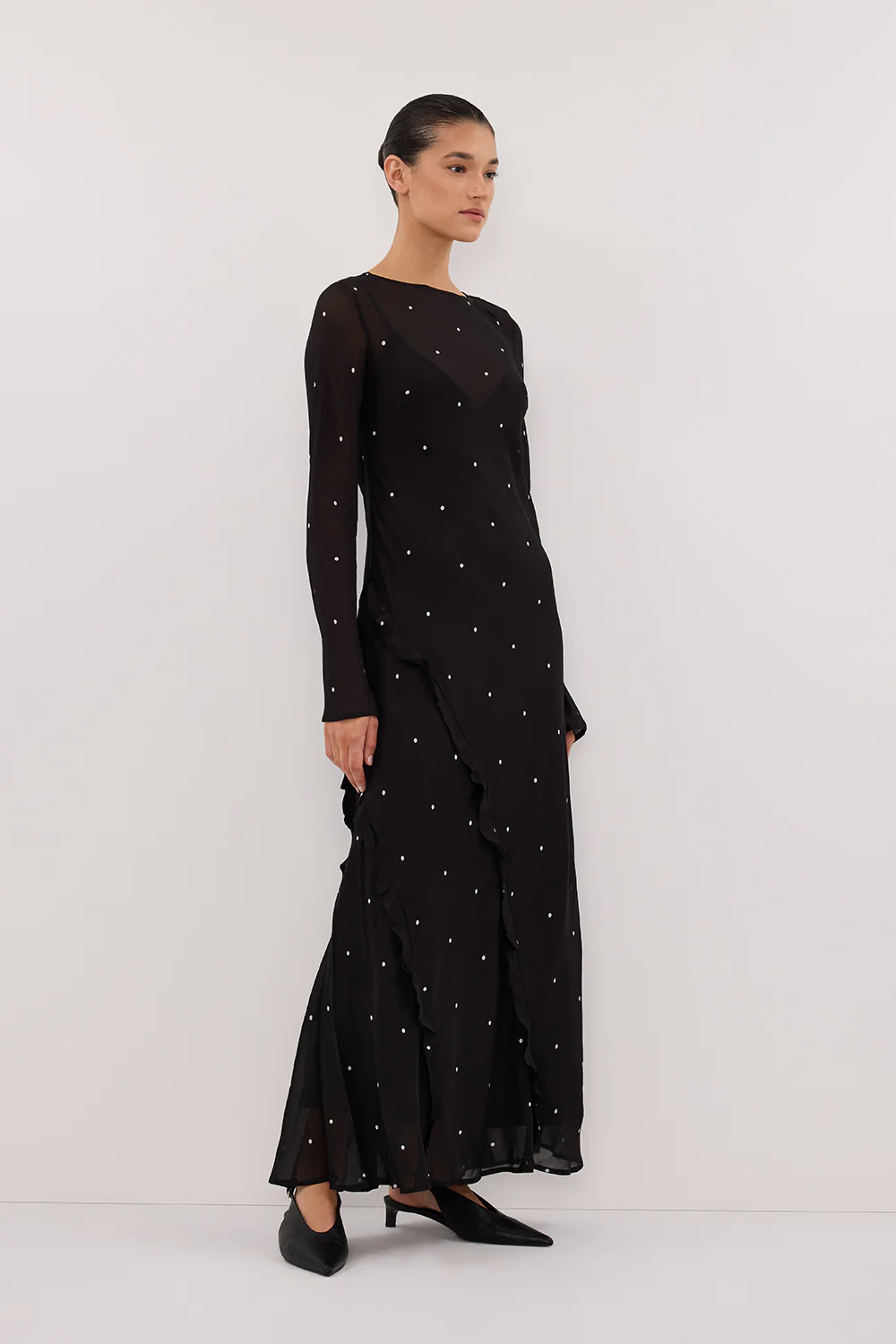 MELROSE BLACK SPOT LONG SLEEVE MAXI DRESS - Yukikoi