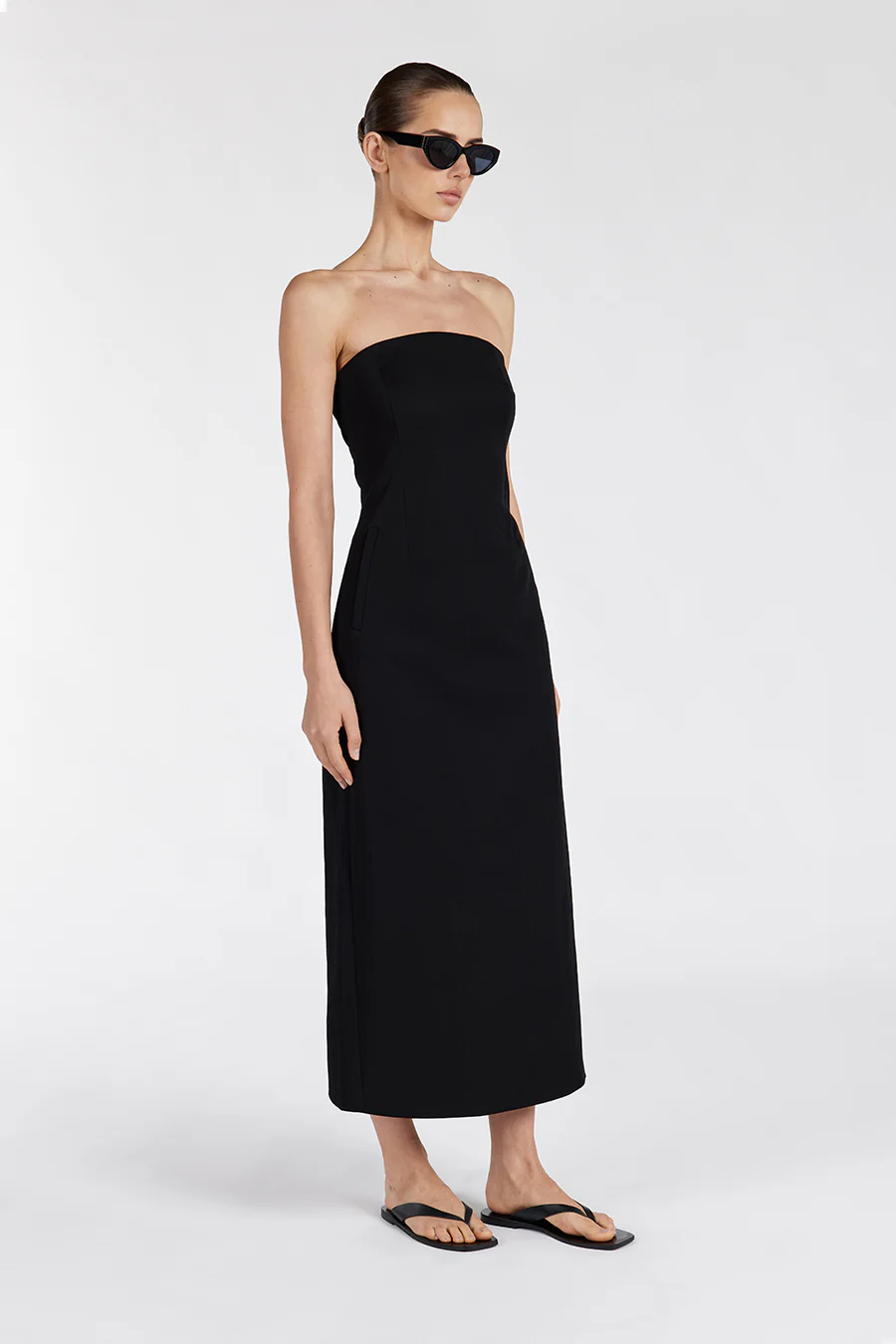 OPAL BLACK STRAPLESS MIDI DRESS - Yukikoi