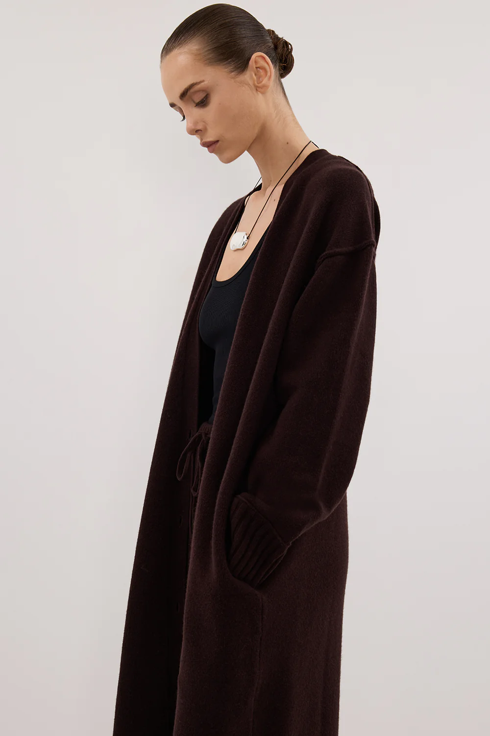 PAIGE CHOC LONGLINE WOOL KNIT COAT - Yukikoi