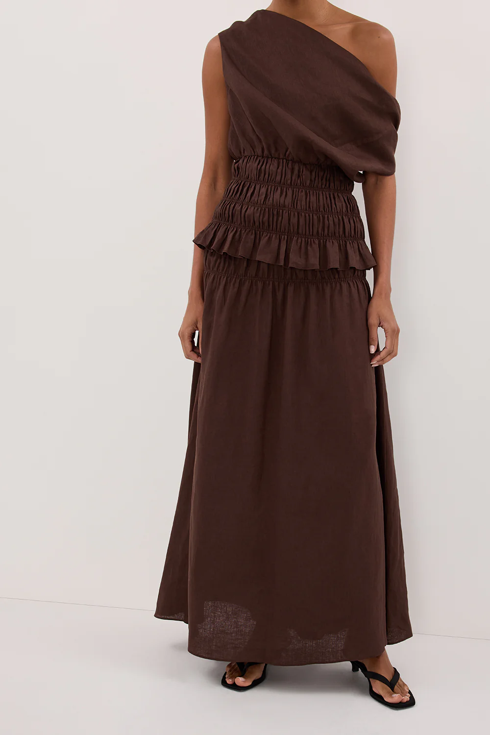 MAIA COCOA LINEN SHIRRED MIDI SKIRT - Yukikoi