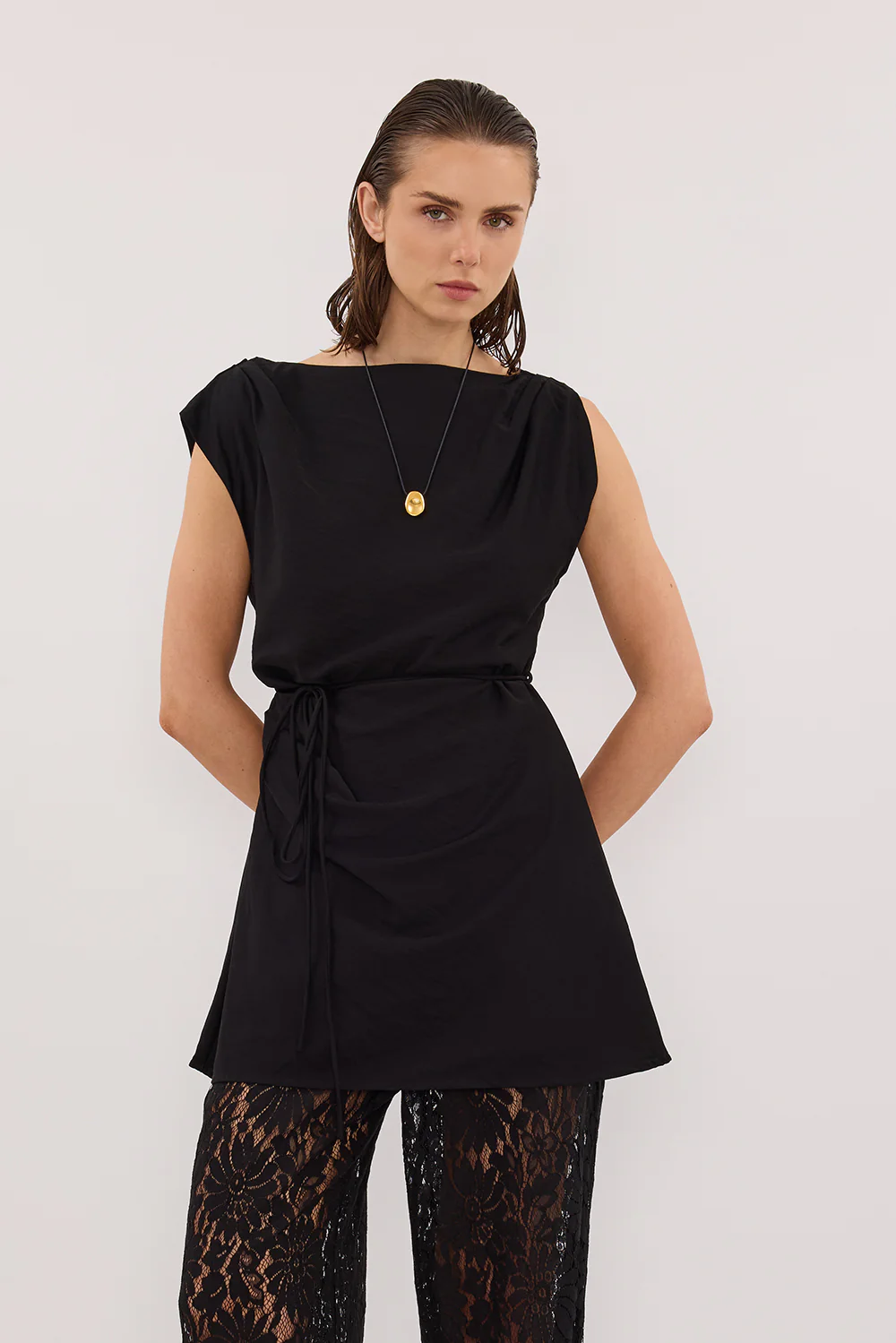 MARMO BLACK DRAPED MINI DRESS - Yukikoi