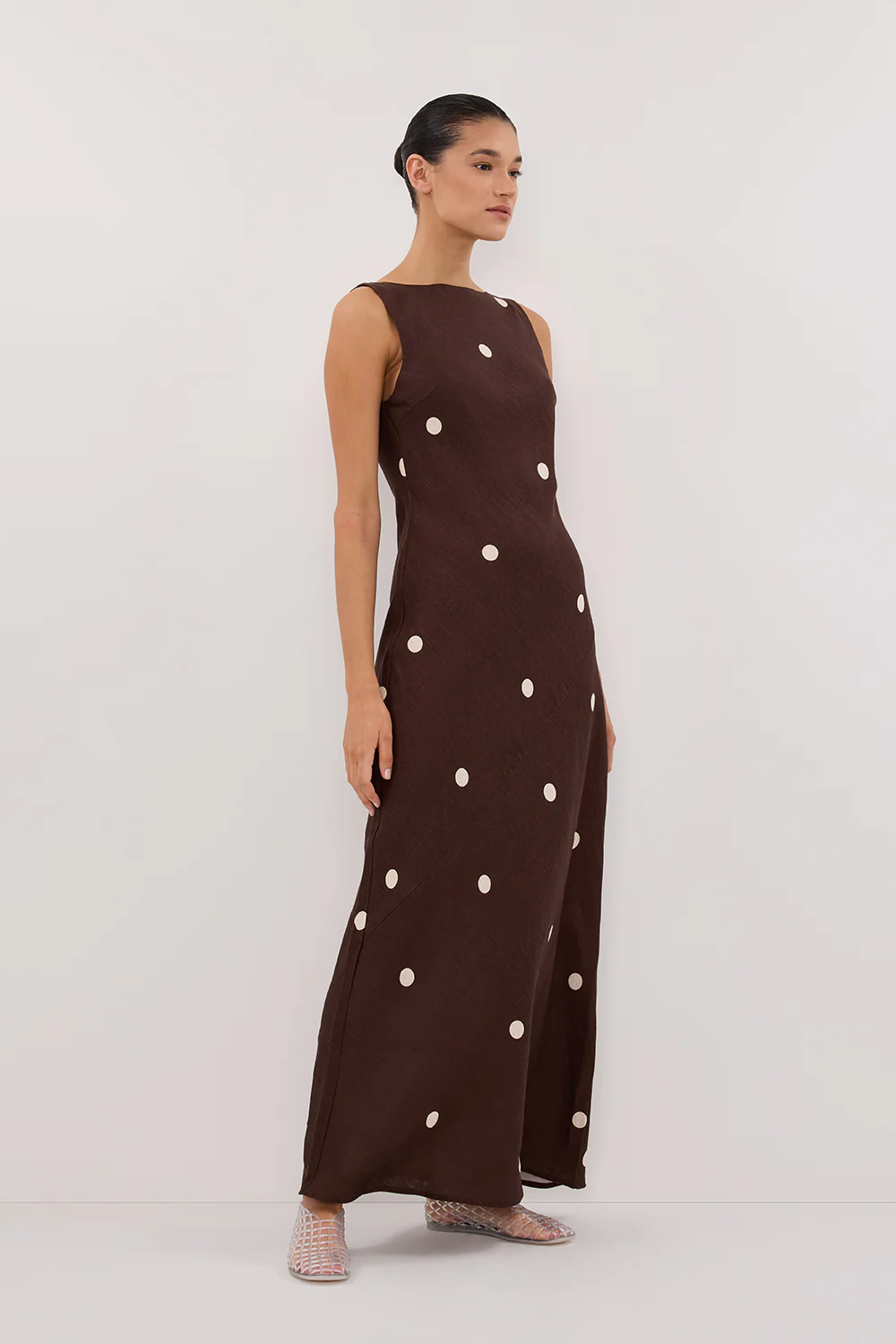 BEVERLY BITTER CHOC SPOT LINEN MIDI DRESS - Yukikoi
