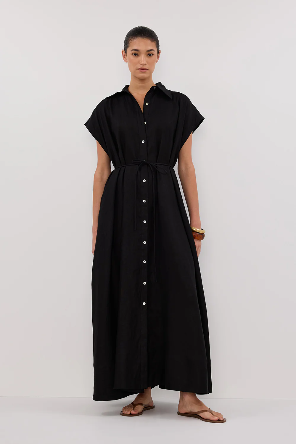 LANA BLACK LINEN MIDI SHIRT DRESS - Yukikoi