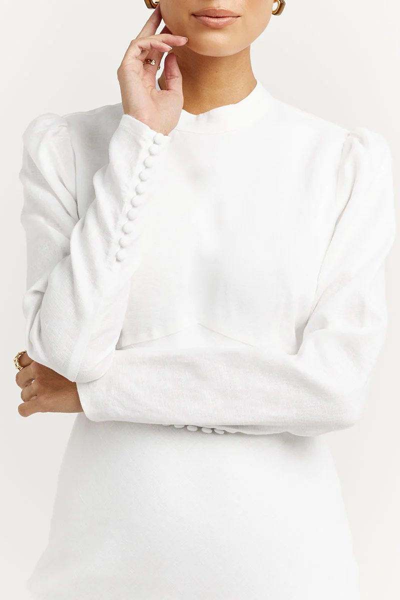 AISLE WHITE LINEN SLEEVE MIDI DRESS - Yukikoi