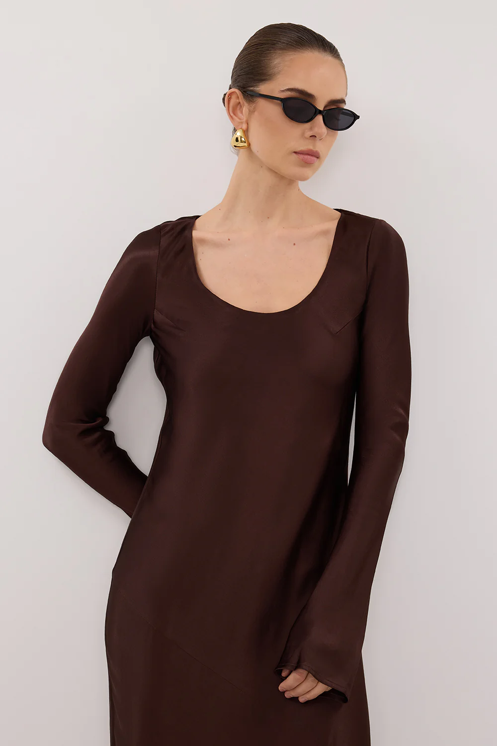 ELOISE BITTER CHOC LONG SLEEVE SATIN MIDI DRESS - Yukikoi