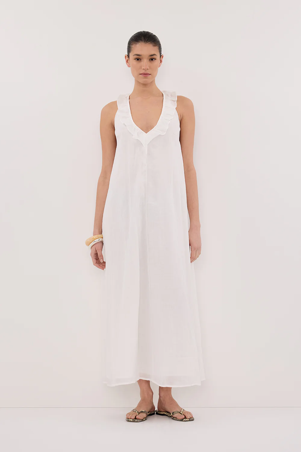 HAZEL WHITE RAMIE SLEEVELESS MIDI DRESS - Yukikoi