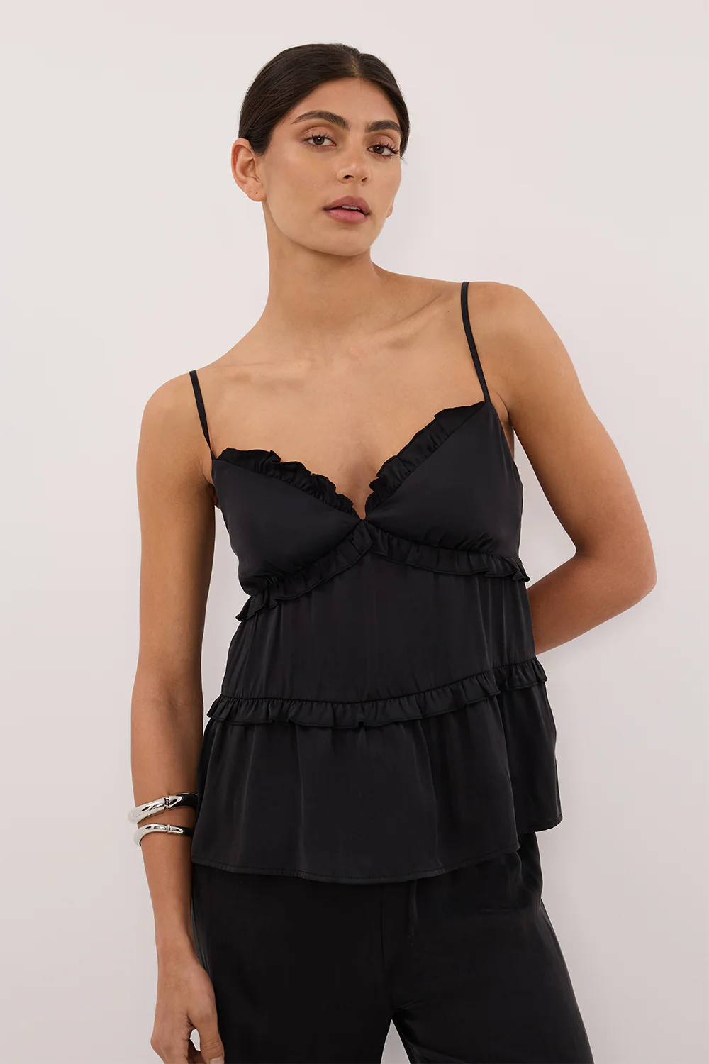 LENA BLACK SILK SLEEVELESS FRILL TOP - Yukikoi