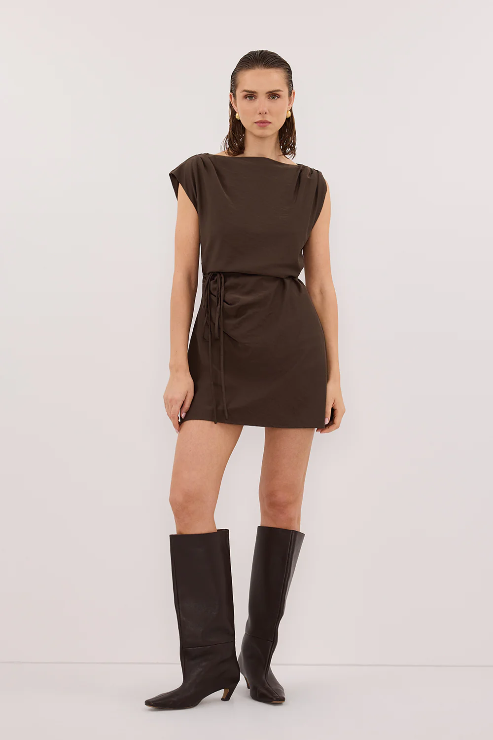 MARMO CHOCOLATE DRAPED MINI DRESS - Yukikoi