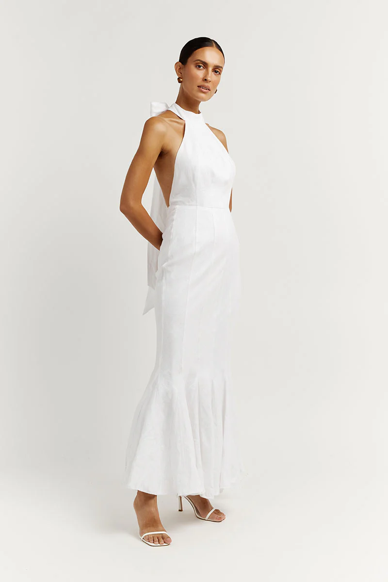 AISLE WHITE LINEN HIGH NECK DRESS - Yukikoi