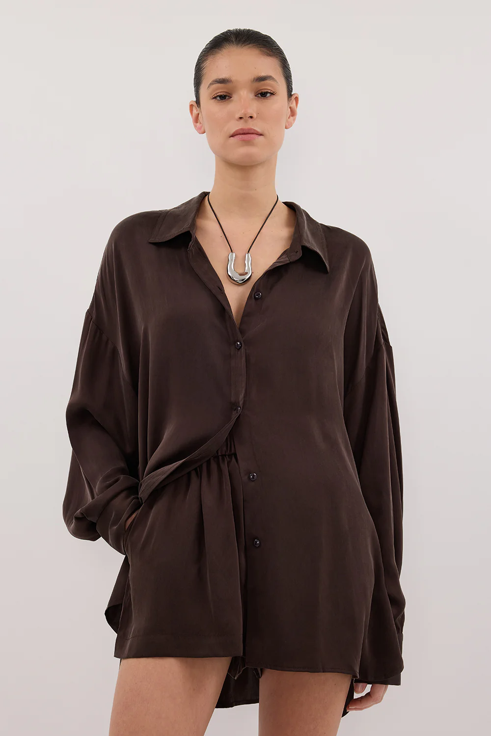 PERCY CHOC SILK LONG SLEEVE SHIRT - Yukikoi