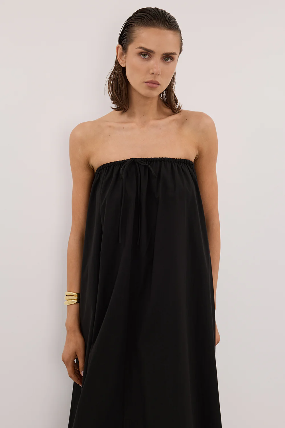 SOMMER BLACK STRAPLESS POPLIN MIDI DRESS - Yukikoi