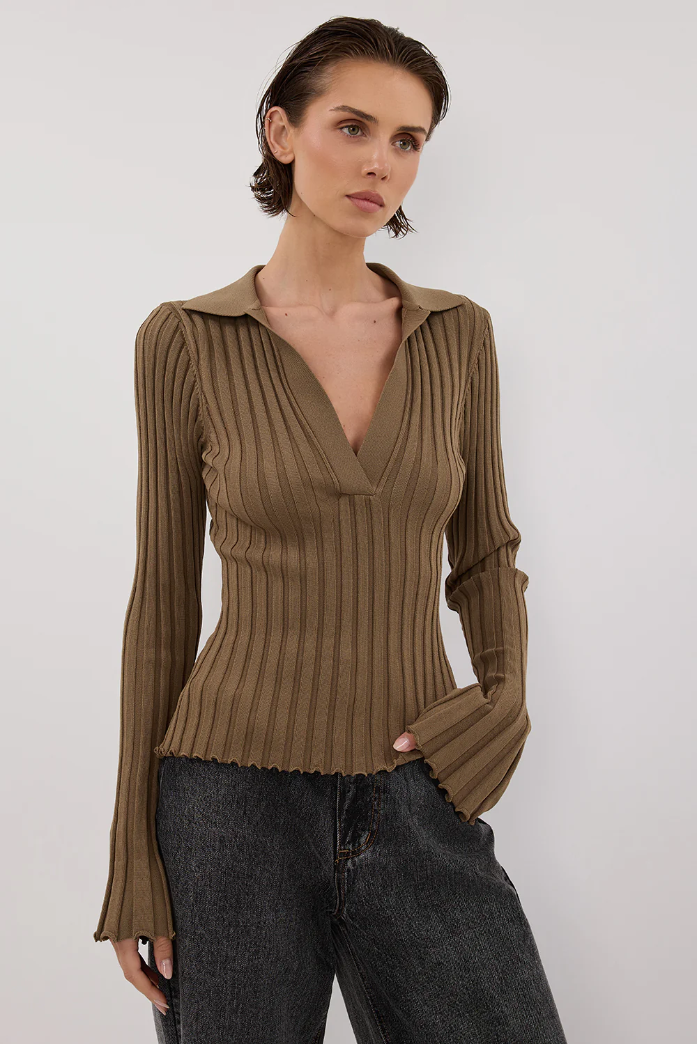 HAL OLIVE POLO LONG SLEEVE KNIT TOP - Yukikoi
