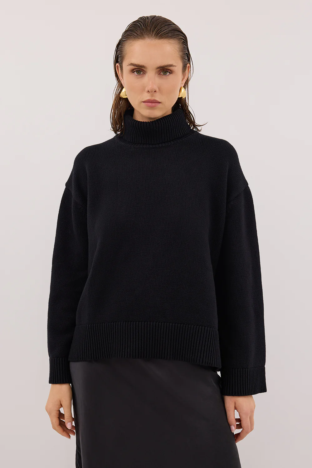 ELLA BLACK TURNBACK NECK KNIT JUMPER - Yukikoi