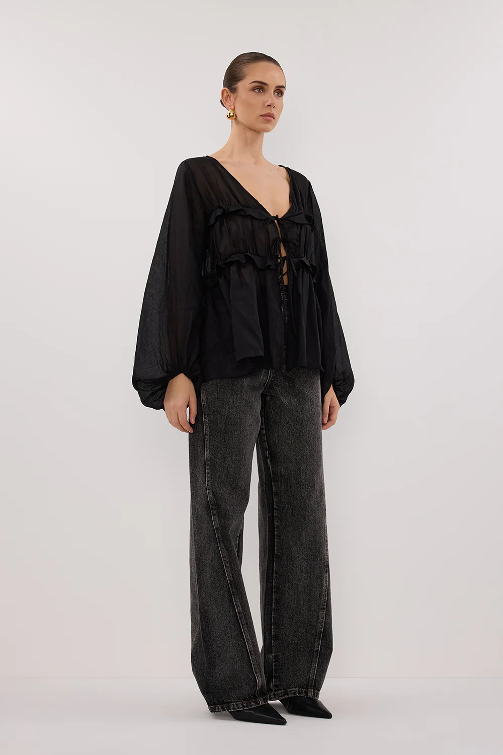 MILA BLACK RAMIE LONG SLEEVE FRILL TOP - Yukikoi