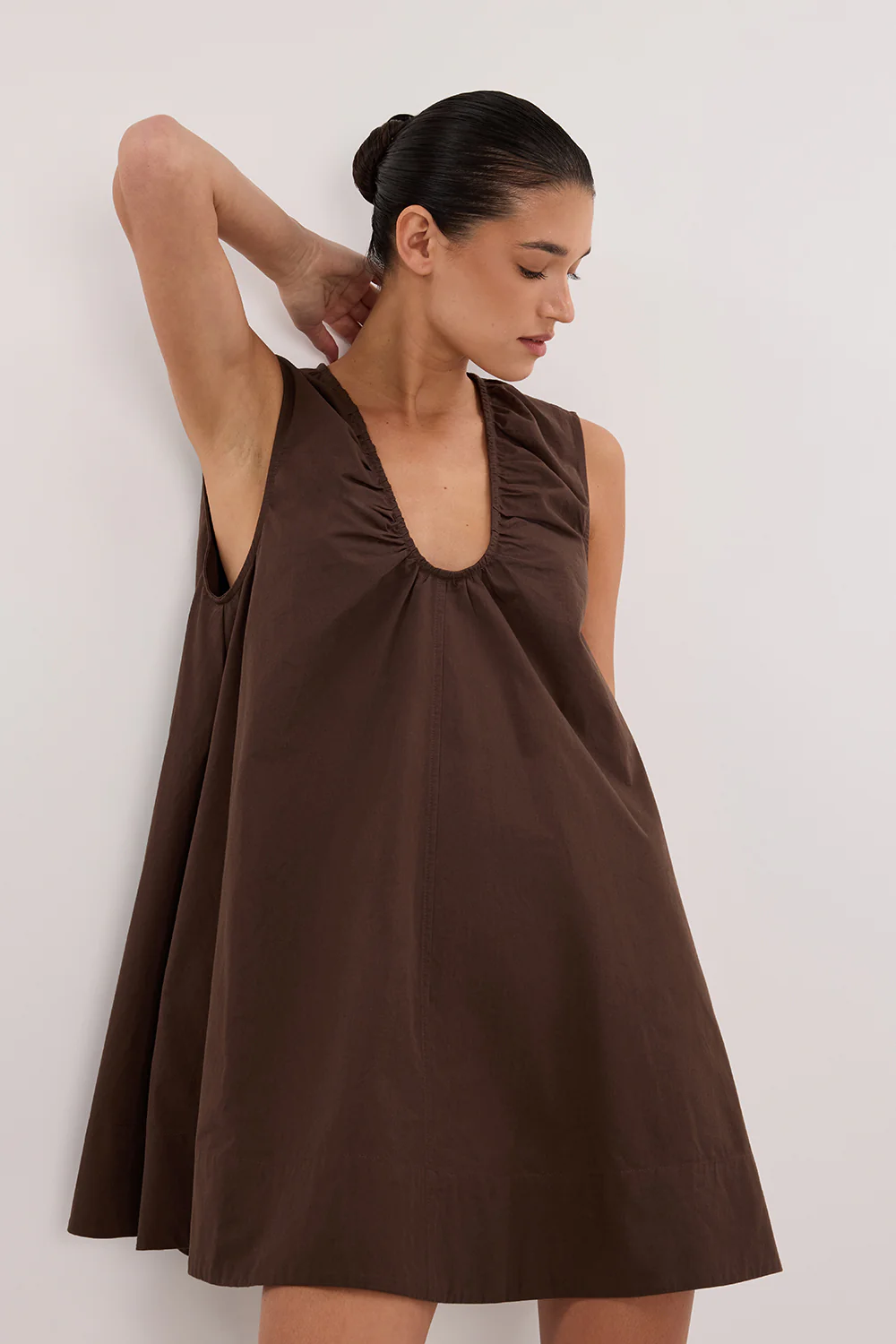 GABBY BITTER CHOC OVERSIZED COTTON MINI DRESS - Yukikoi