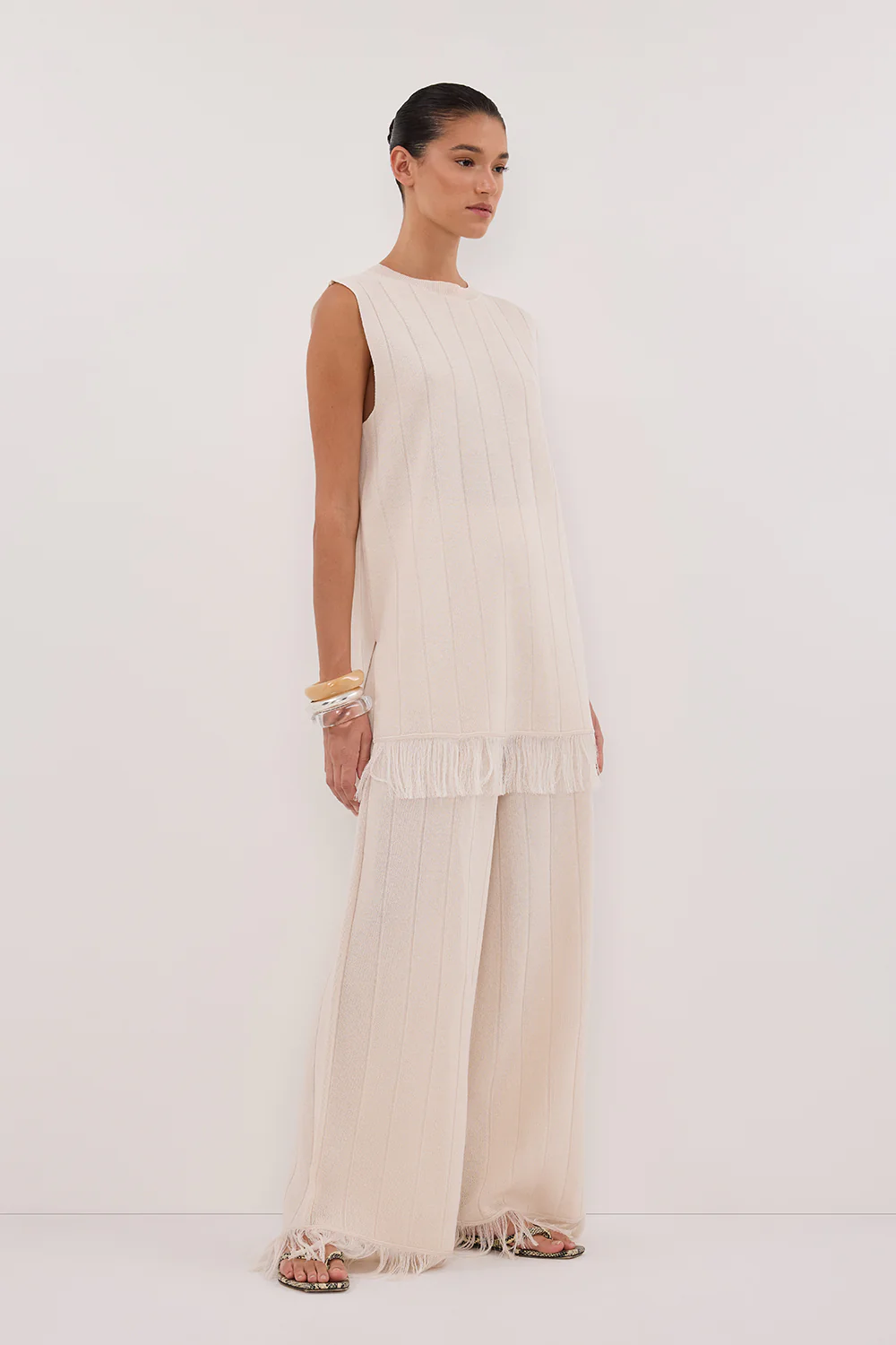 ARIA CREAM FRINGED KNIT PANT - Yukikoi