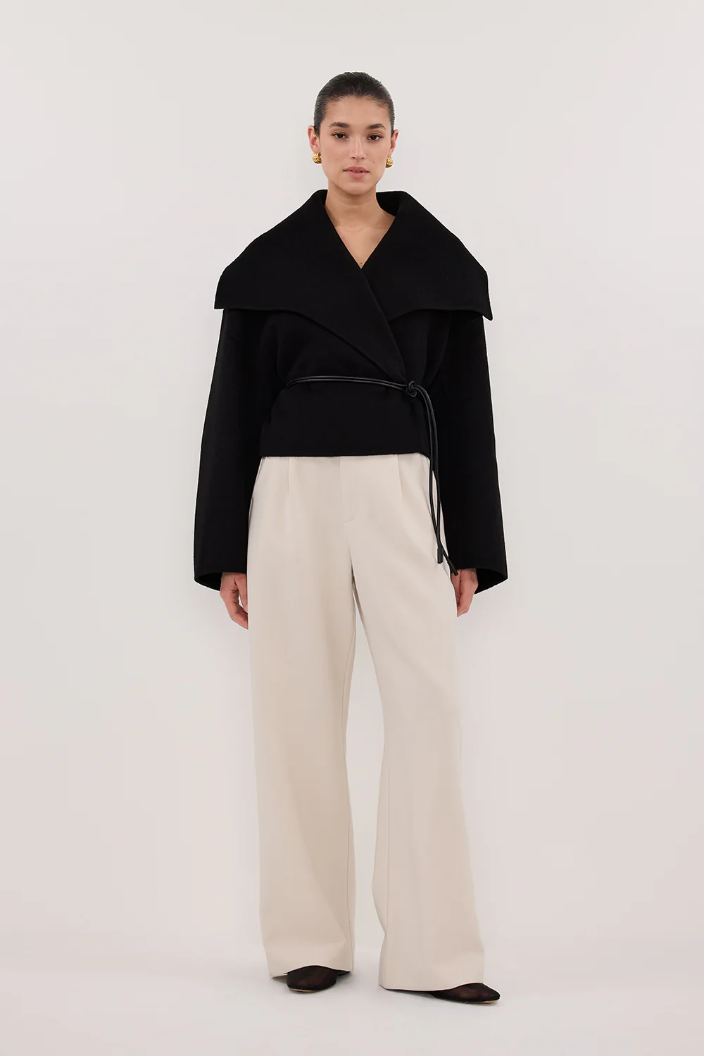 LUCIA BLACK CROPPED WOOL BLEND TRENCH COAT - Yukikoi