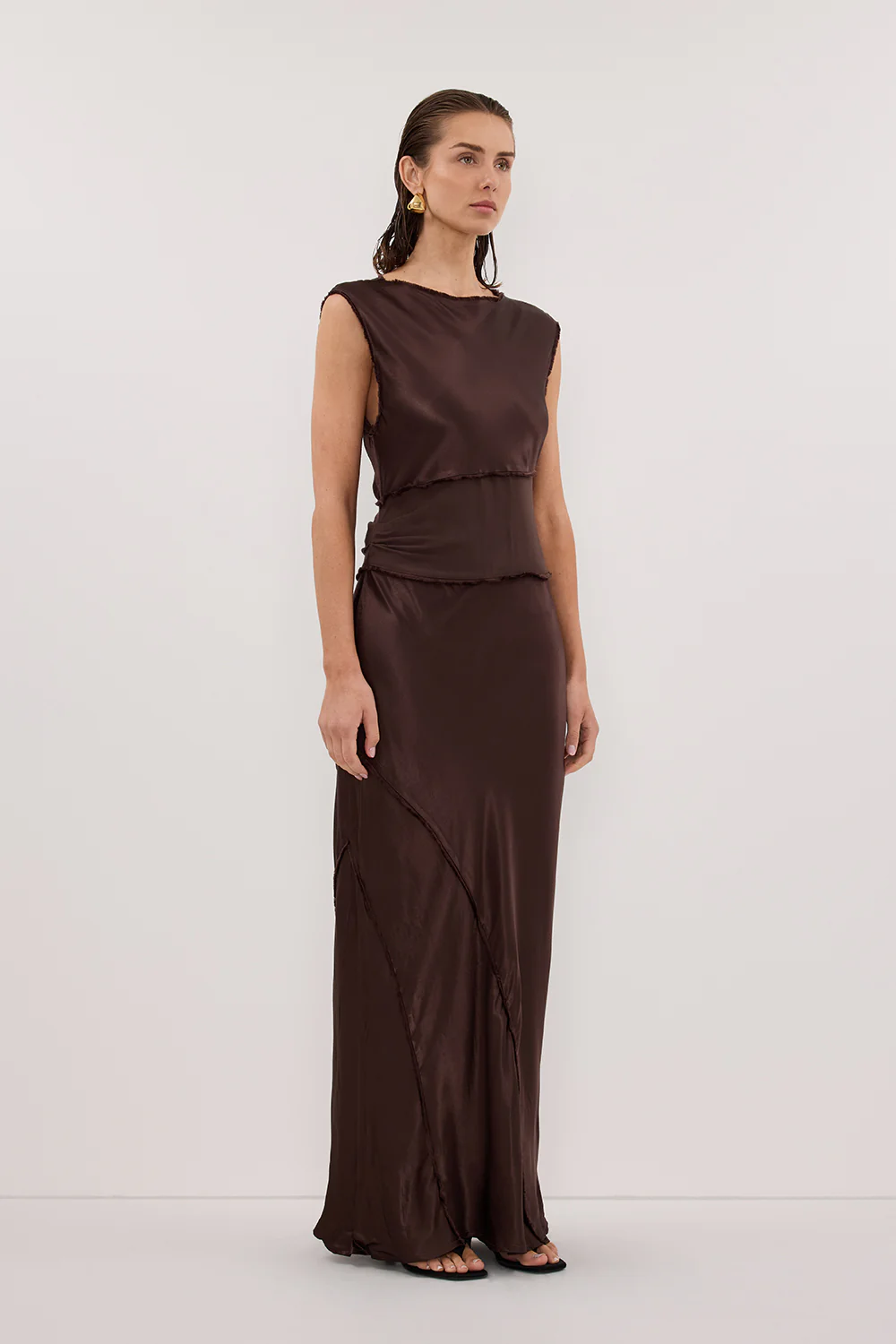 MONICA BITTER CHOCOLATE SATIN MIDI DRESS - Yukikoi