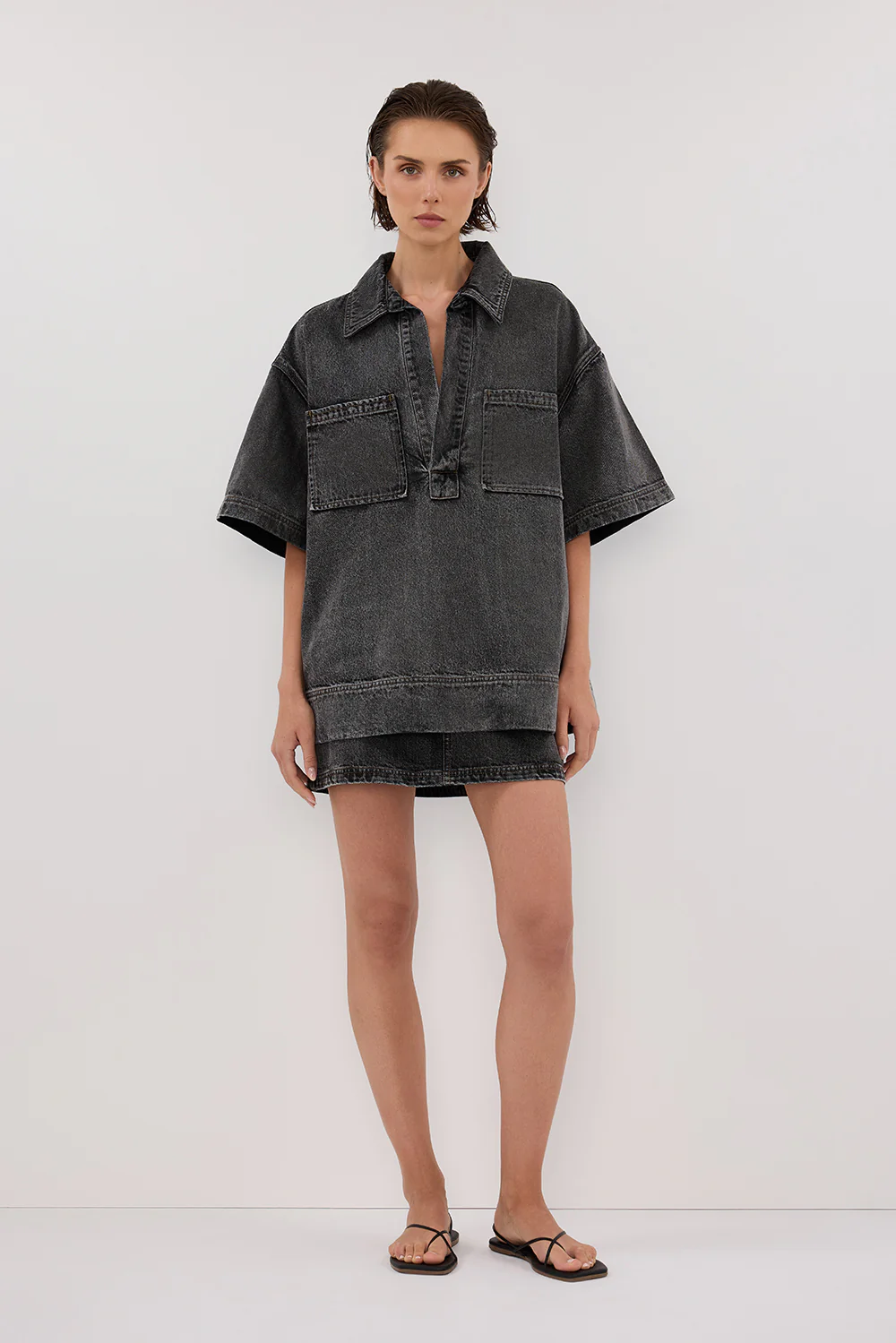MASON WASHED BLACK BOXY DENIM SHIRT - Yukikoi