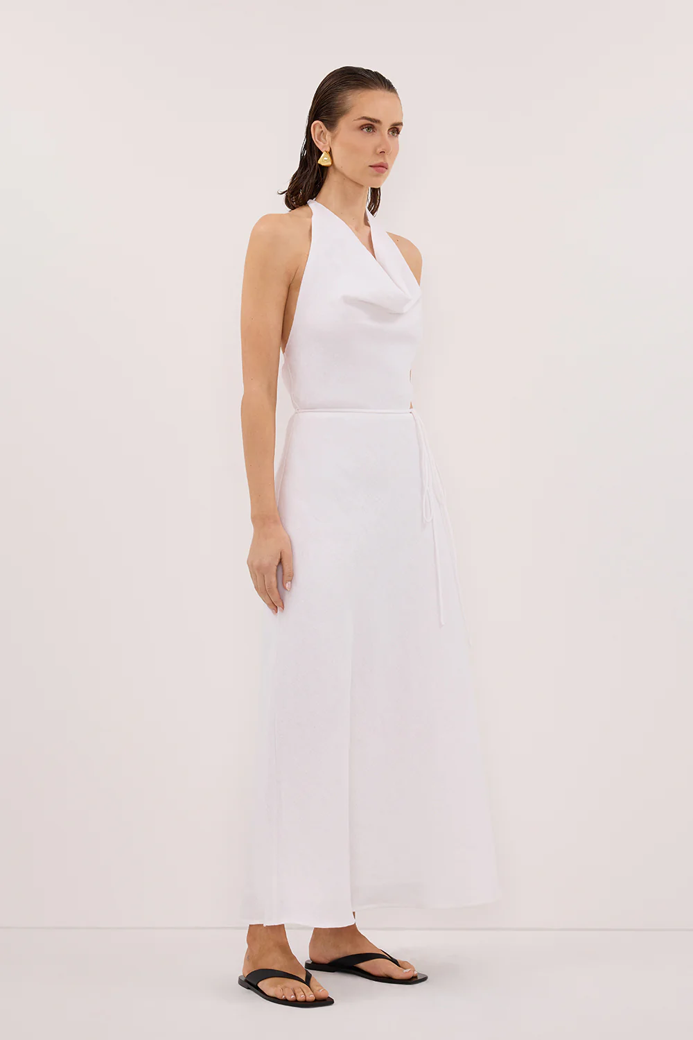 HAYLEE WHITE SLEEVELESS LINEN COWL DRESS - Yukikoi