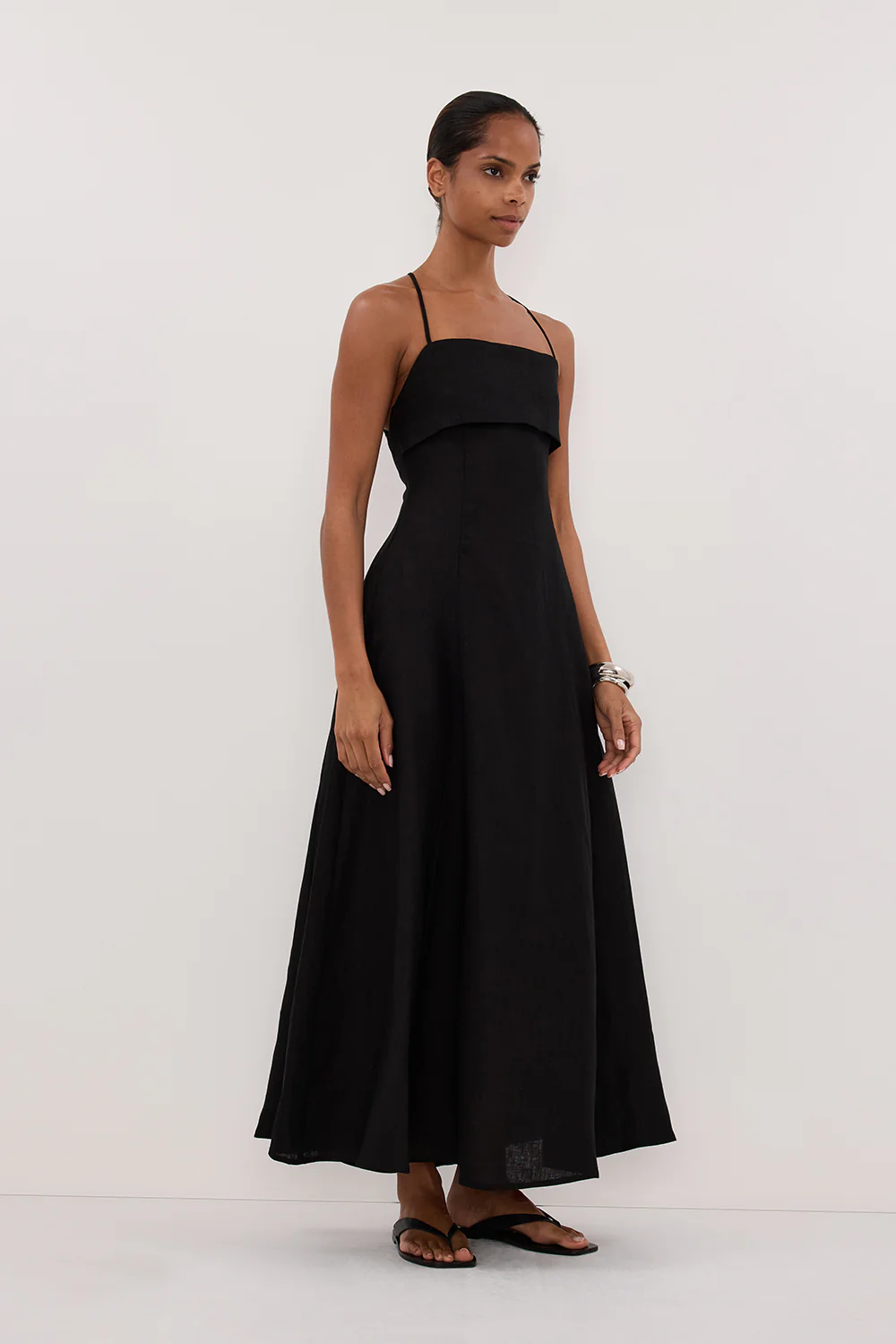 DANIELLA BLACK LINEN TIE BACK MIDI DRESS - Yukikoi