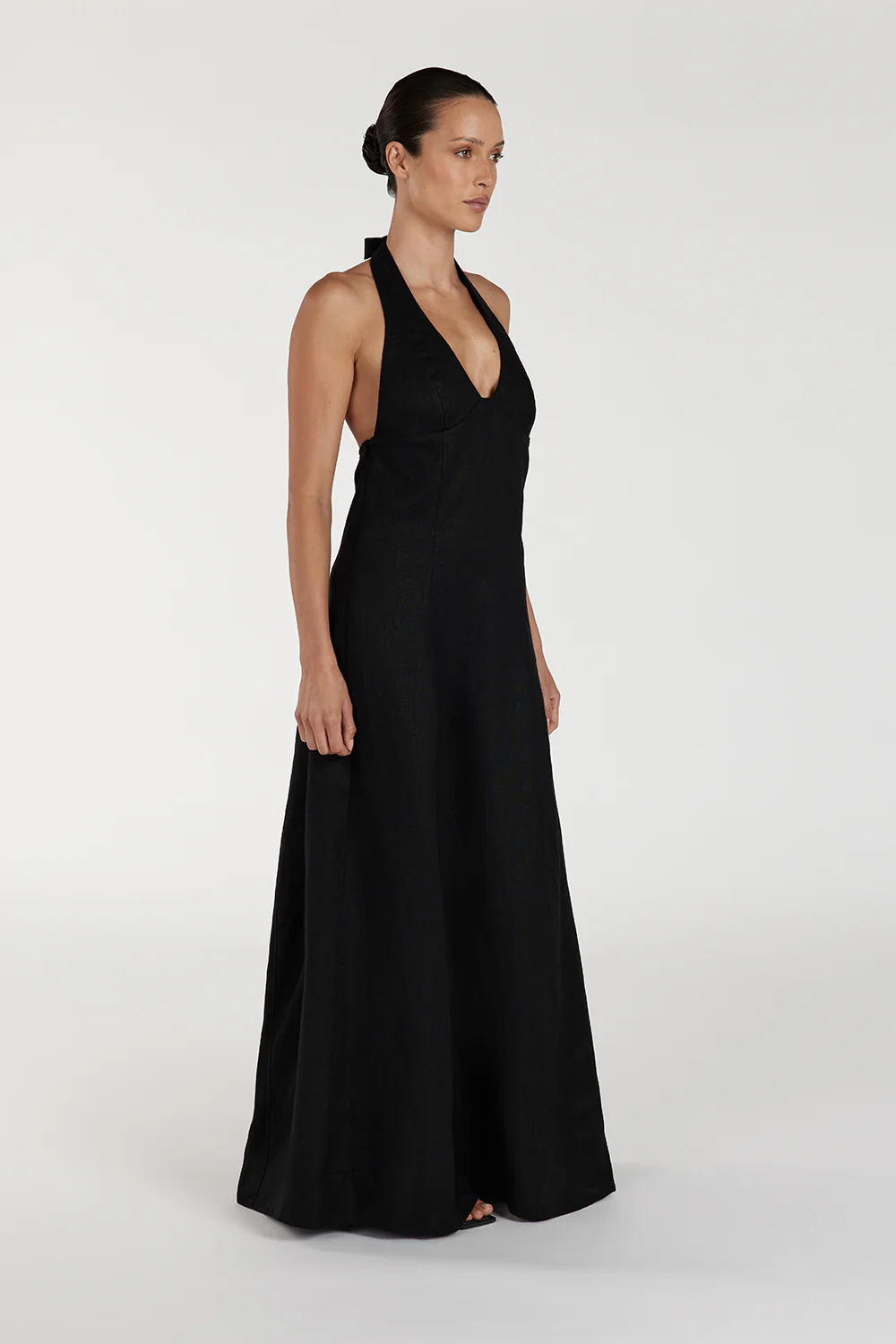 AUDREY BLACK HALTER LINEN MIDI DRESS - Yukikoi