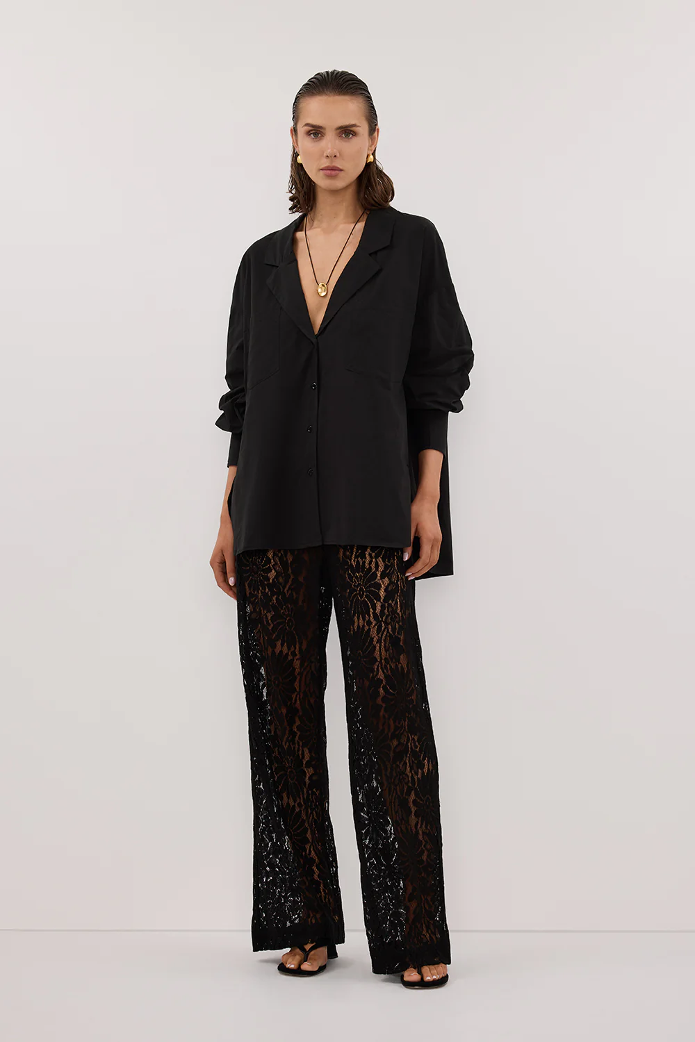 IRENE BLACK LONG SLEEVE NOTCH COLLAR SHIRT - Yukikoi