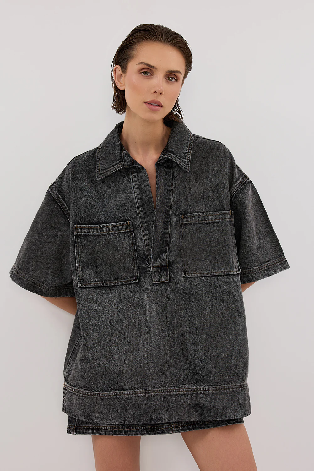 MASON WASHED BLACK BOXY DENIM SHIRT - Yukikoi