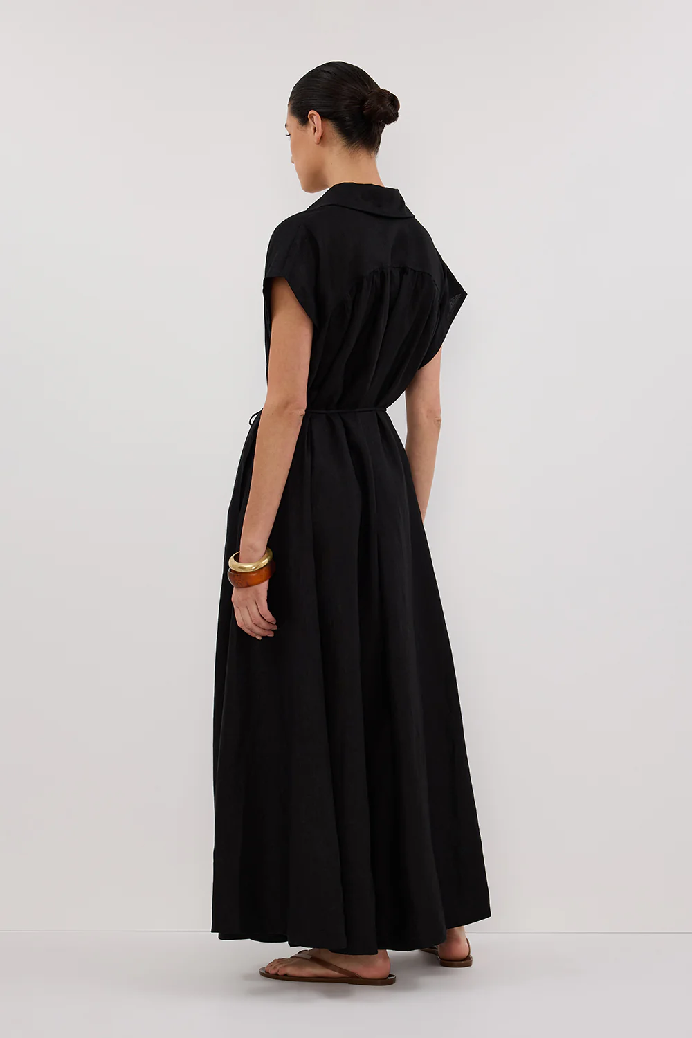 LANA BLACK LINEN MIDI SHIRT DRESS - Yukikoi