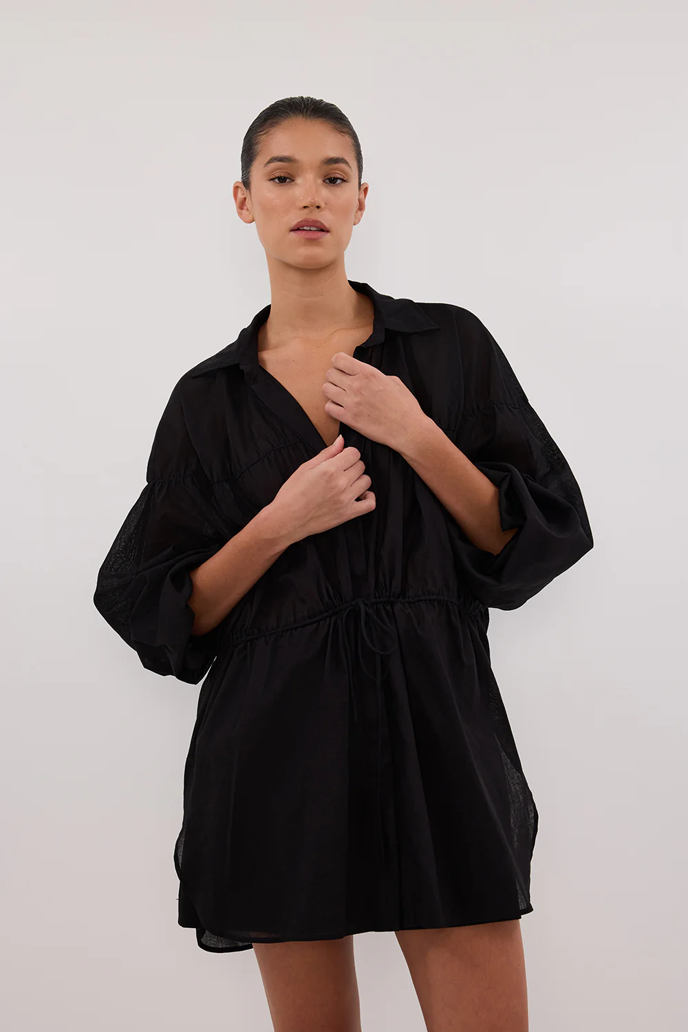 FLOYCE BLACK LINEN LONG SLEEVE TOP - Yukikoi