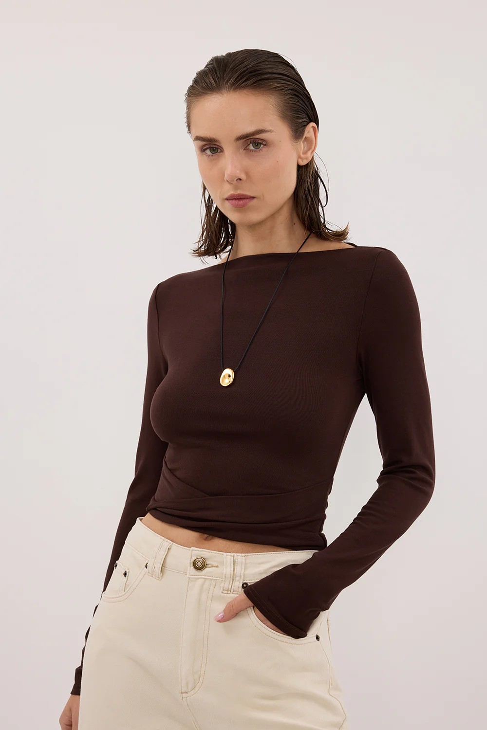 HADLEY CHOC LONG SLEEVE TWIST TOP - Yukikoi