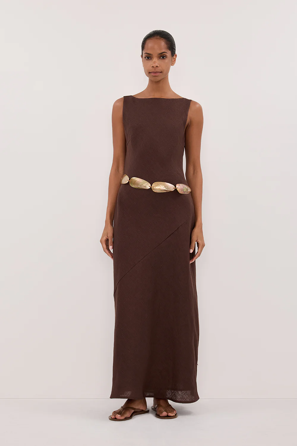 LACY COCOA SLEEVELESS LINEN MIDI DRESS - Yukikoi