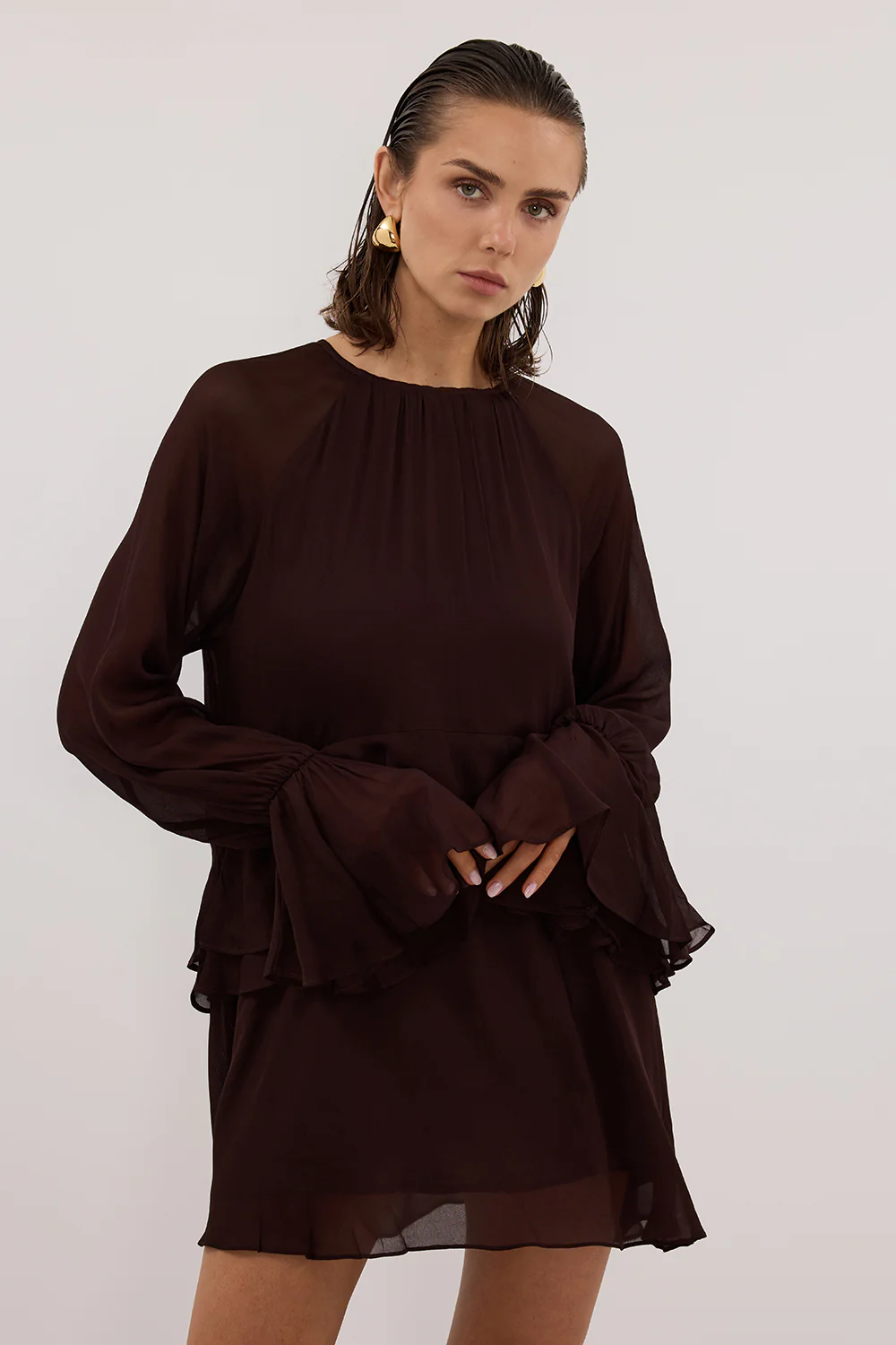BODHI DARK CHOC LONG SLEEVE MINI DRESS - Yukikoi