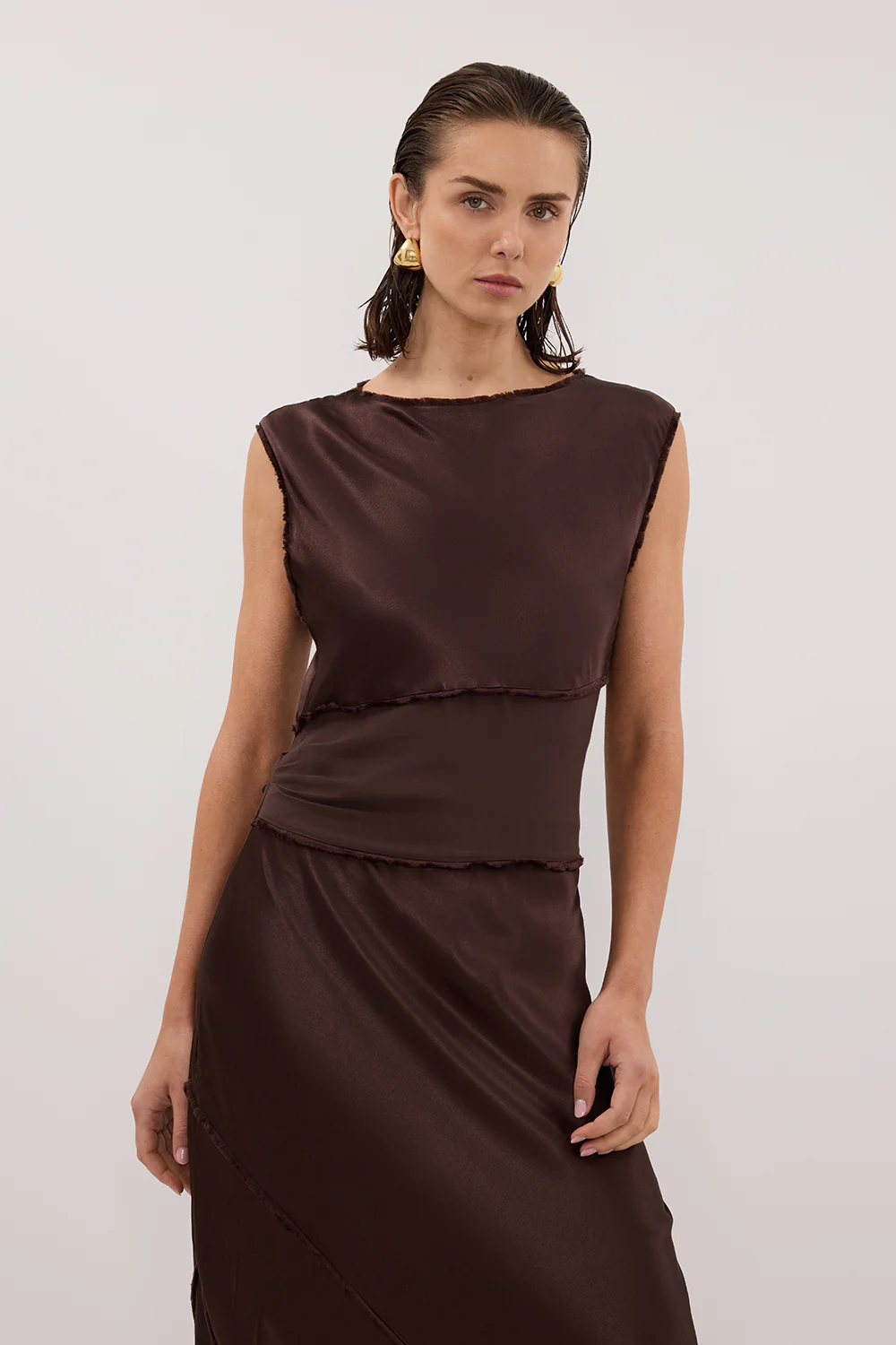 MONICA BITTER CHOCOLATE SATIN MIDI DRESS - Yukikoi