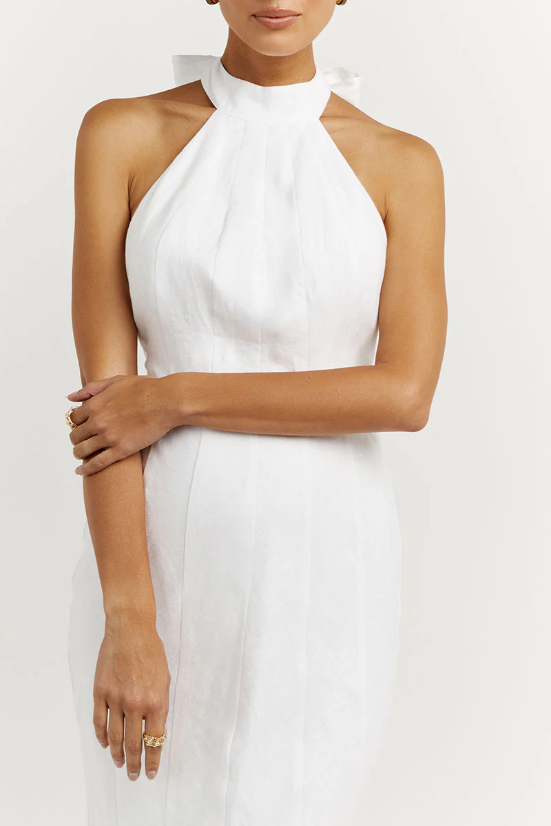AISLE WHITE LINEN HIGH NECK DRESS - Yukikoi