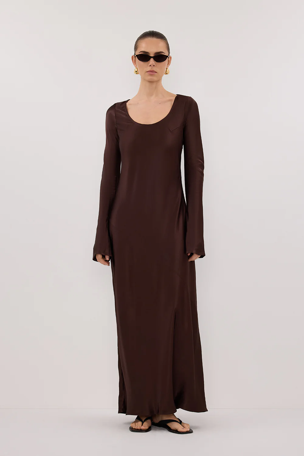 ELOISE BITTER CHOC LONG SLEEVE SATIN MIDI DRESS - Yukikoi